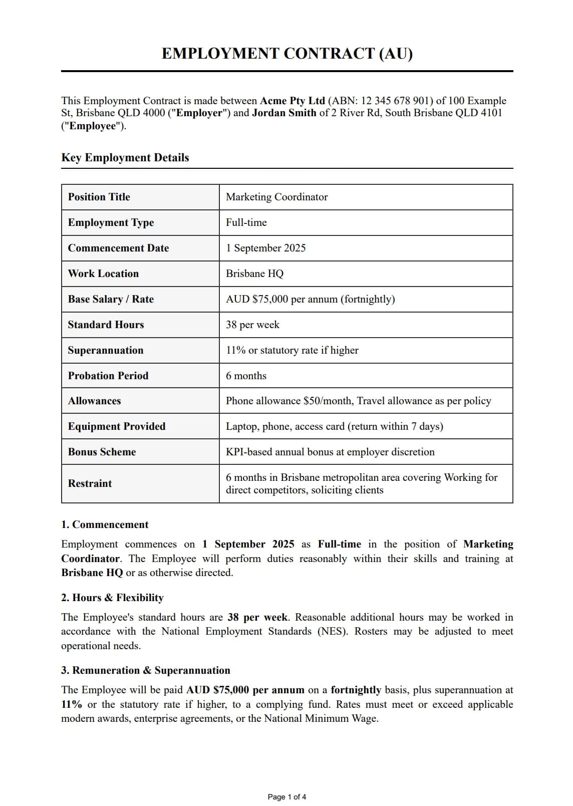 Employment Contract (AU) preview - Real document screenshot