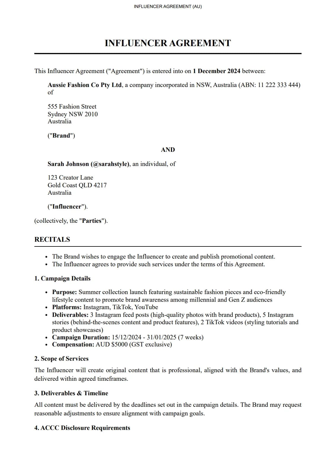 Influencer Agreement (AU) preview - Real document screenshot