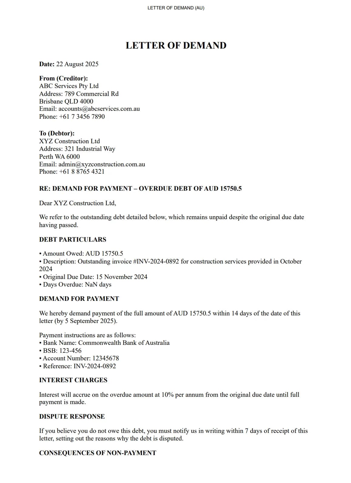 Letter of Demand (AU) preview - Real document screenshot