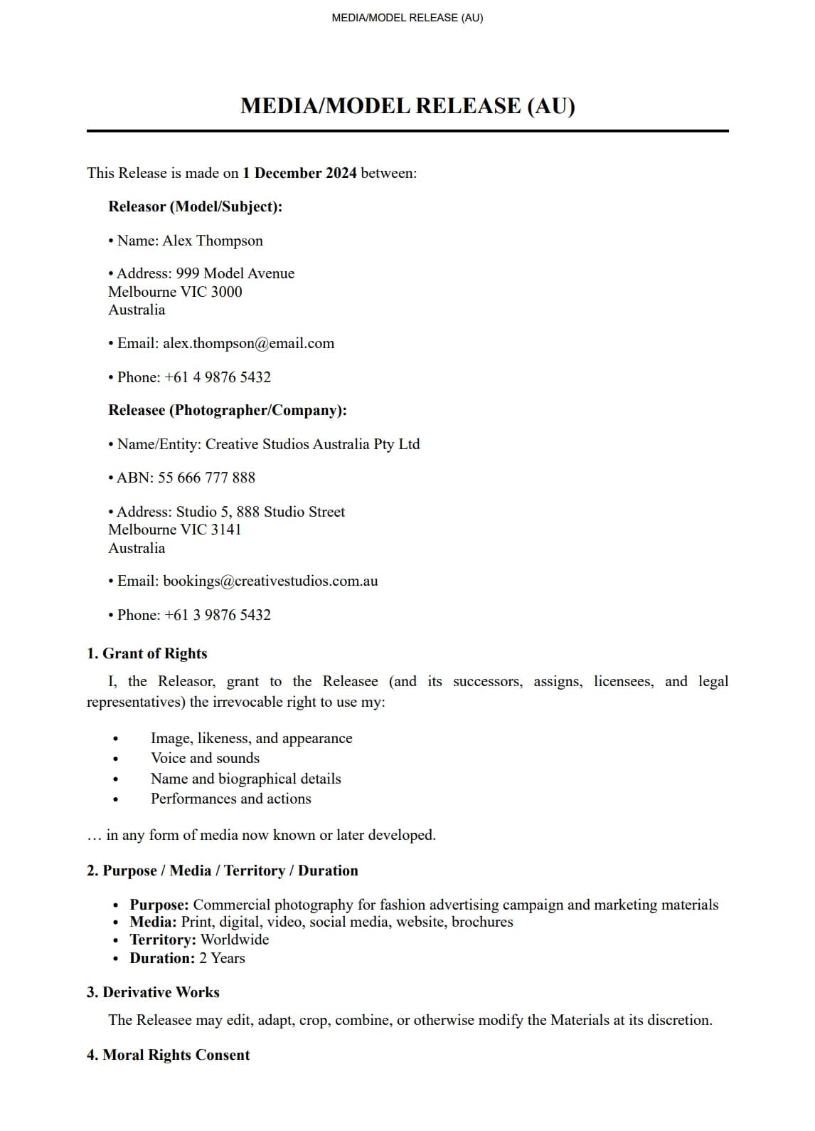 Media/Model Release (AU) preview - Real document screenshot