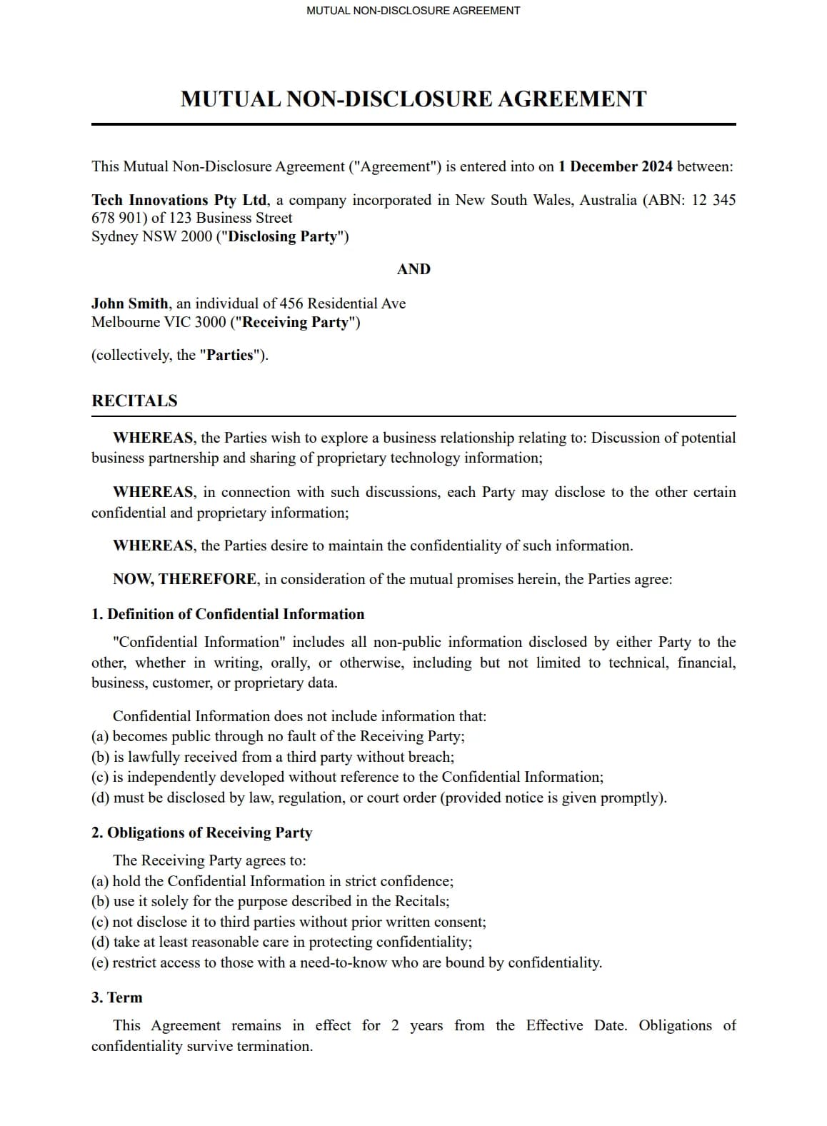 Non-Disclosure Agreement (AU) preview - Real document screenshot